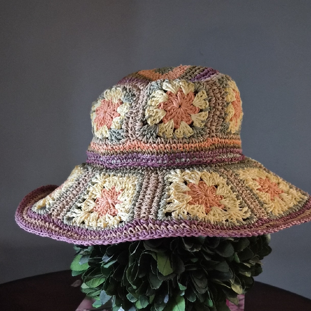 Peter Grimm Crochet Sun Hat in Purple, Cream, and Tan